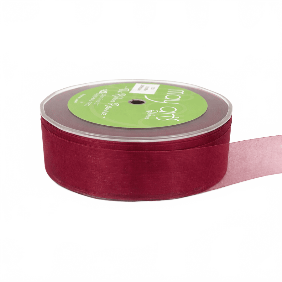 1 Inch Soft Shimmer Dark Red Sheer Ribbon With Cut Edge