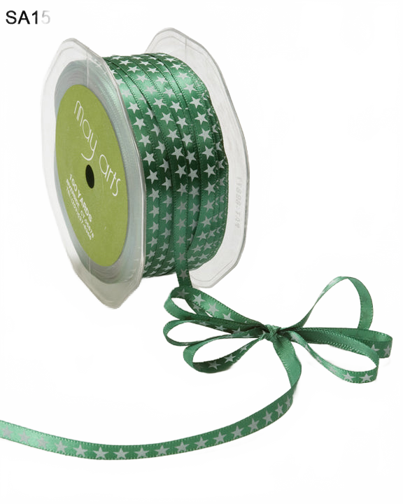 1/4 Inch Green Satin White Star Print Ribbon With Woven Edge