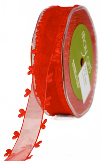 1 Inch Red Sheer Ribbon With Woven Heart Edge