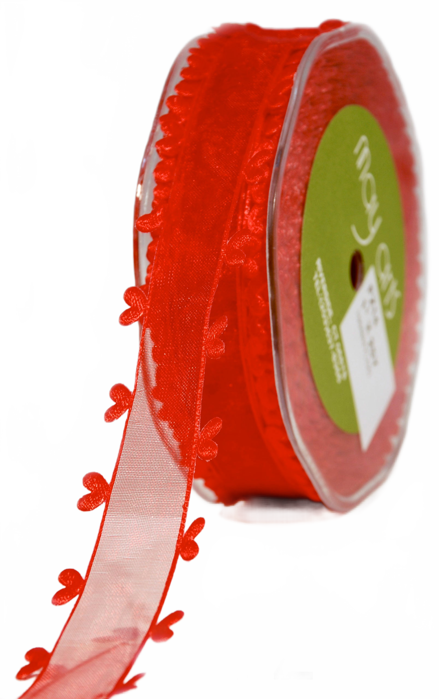 1 Inch Red Sheer Ribbon With Woven Heart Edge