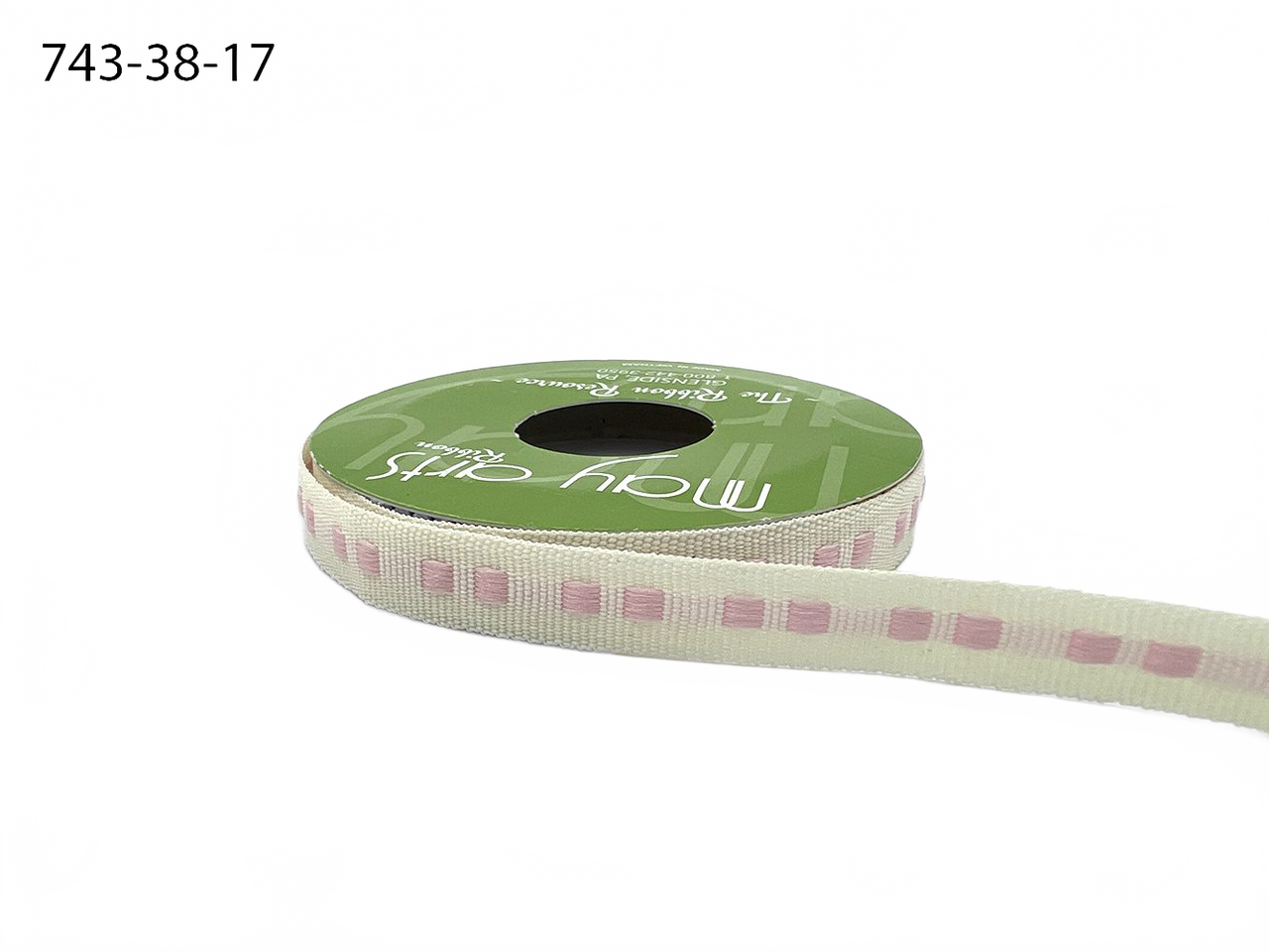 ⅜ Inch Dot Center Line Woven Edge Ivory/Pink Ribbon