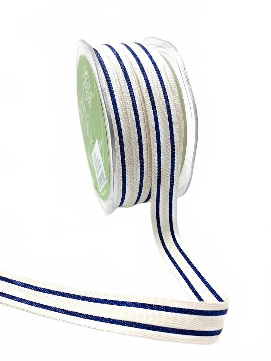 5/8 Inch Navy Cotton Blend Double Stripe Ribbon With Woven Edge
