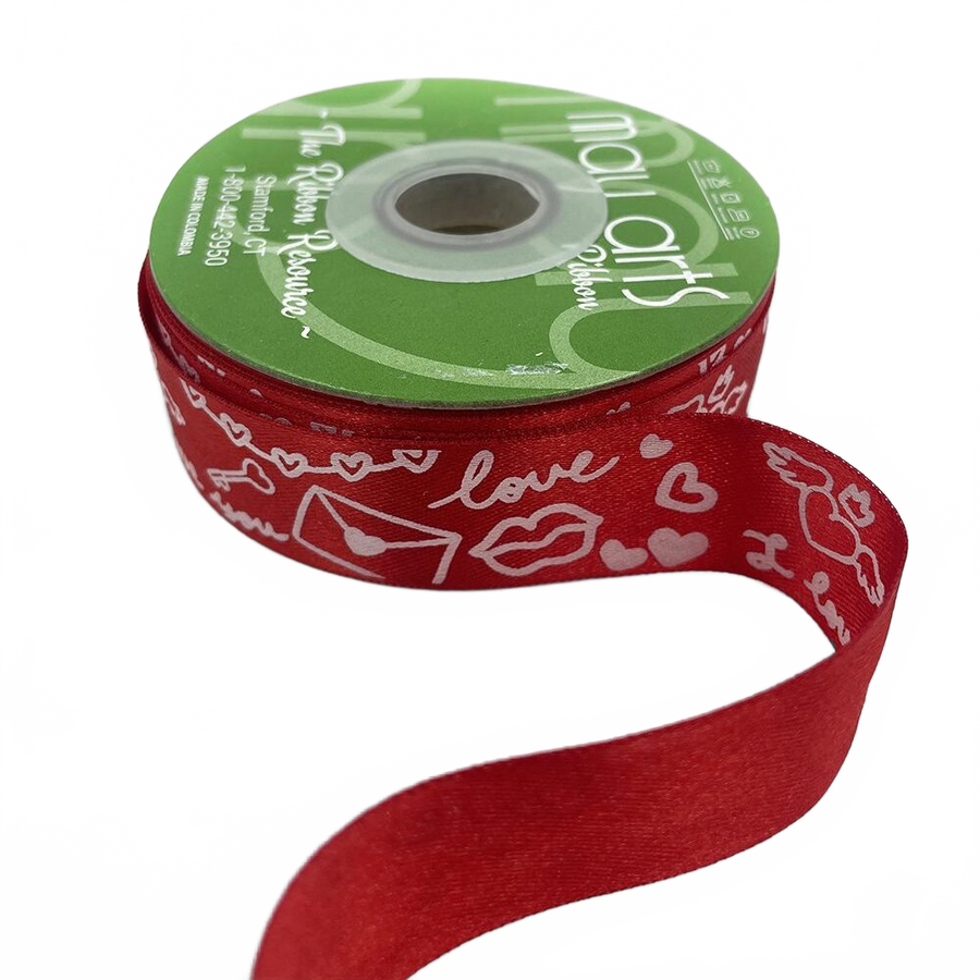 ~1 Inch (24Mm) Red/White Satin Valentine Doodle Print Ribbon With Woven Edge