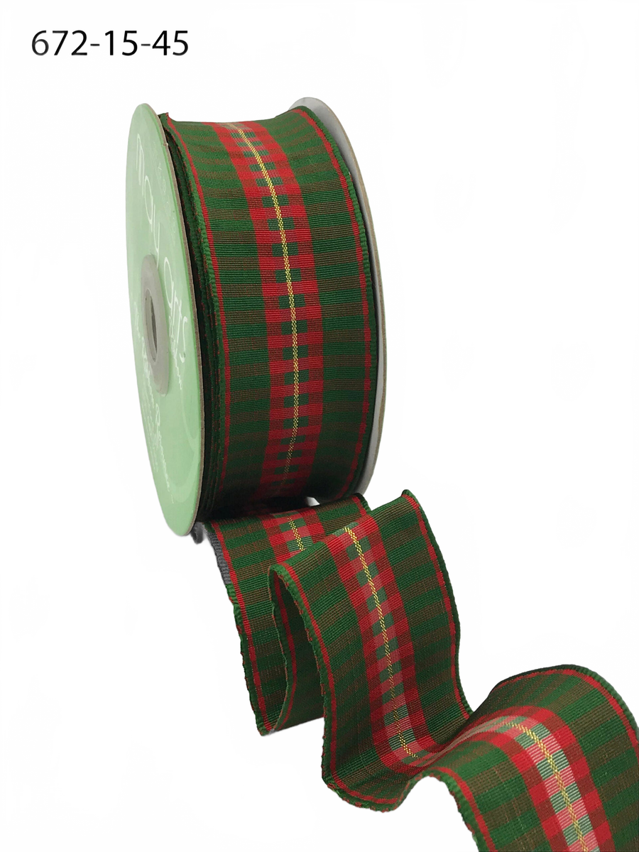 ~ 1.5″ Modern Red & Green Holiday Check Wired Ribbon