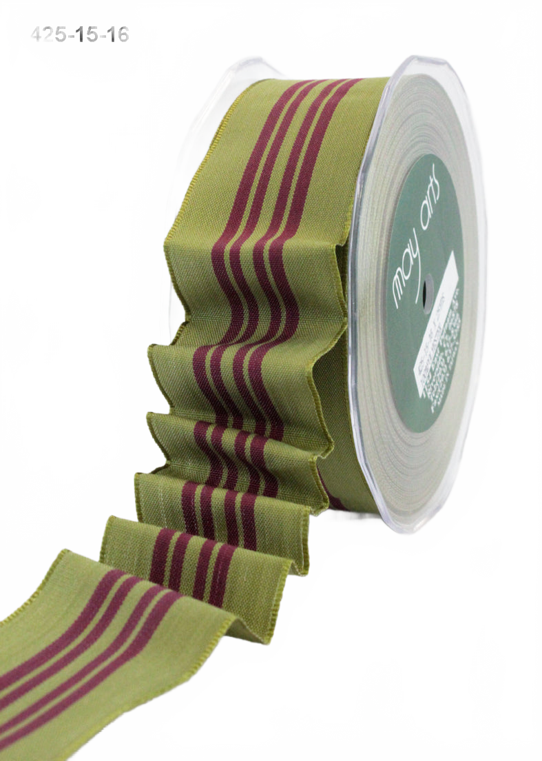 1.5 Inch Holiday Four Stripes Olive/Burgundy Ribbon With Wired Edge