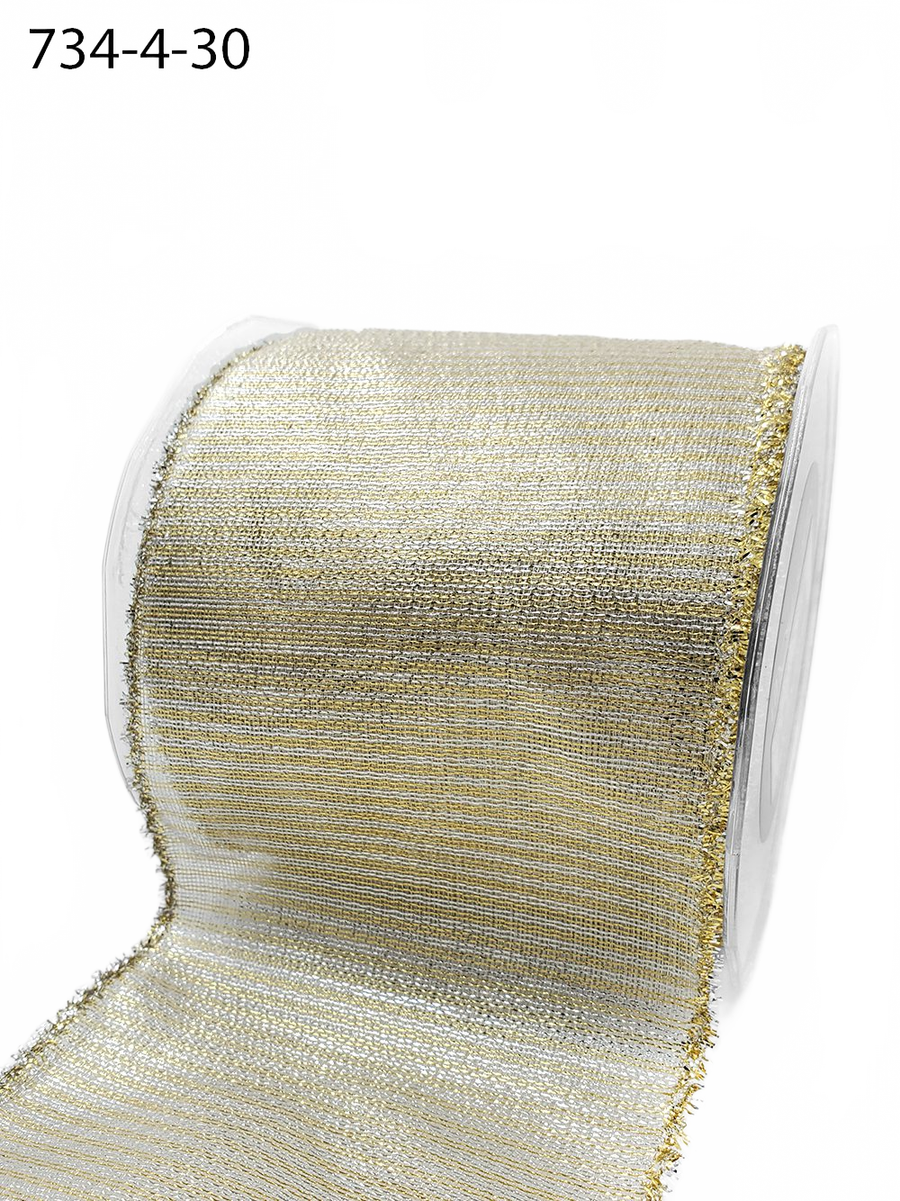 4 Inch Wired Gold/Silver Metallic Striped Ribbon With Tinsel Edge