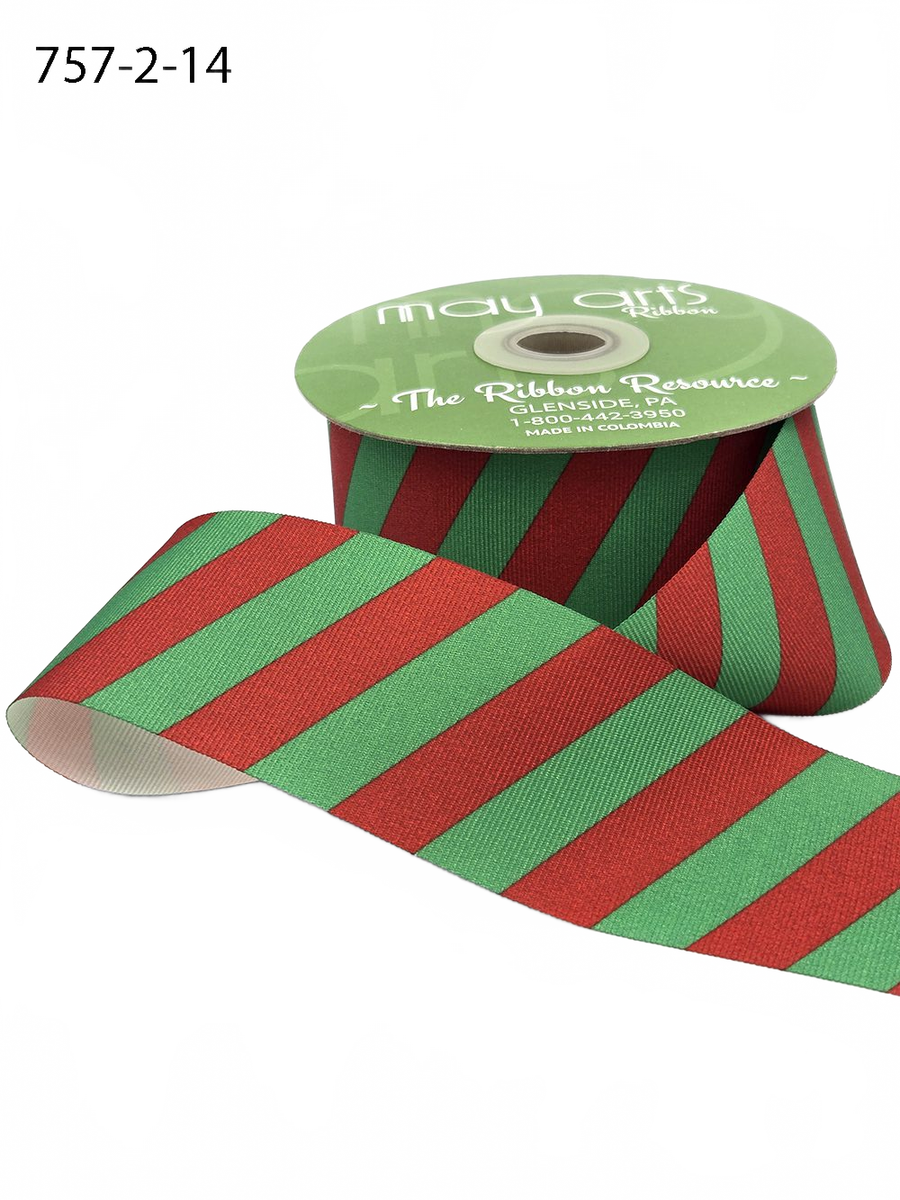 2 Inch Modern Diagonal Striped Red/Green Grosgrain Ribbon With Woven Edge