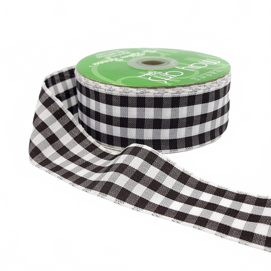 1.5 Inch Checkered Gingham Brown Ribbon With Woven Edge