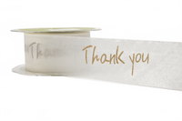 1.5 Inch White Sentiment Print Ivory/Gold Thank You Ribbon With Cut Edge