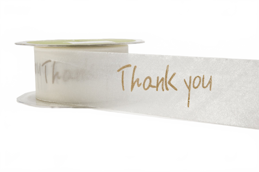 1.5 Inch White Sentiment Print Ivory/Gold Thank You Ribbon With Cut Edge