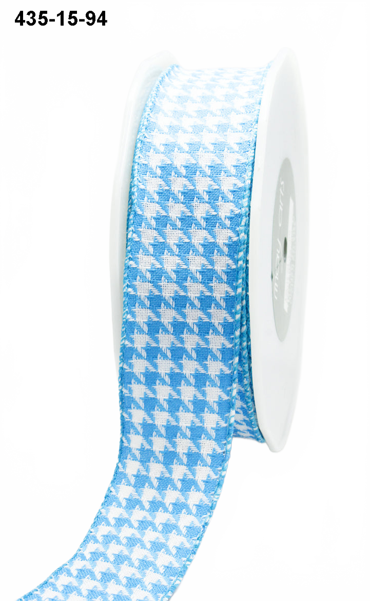 1.5 Inch Woven Houndstooth Print Turquoise Ribbon With Woven Edge