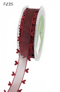 1 Inch Burgundy Sheer Ribbon With Woven Heart Edge