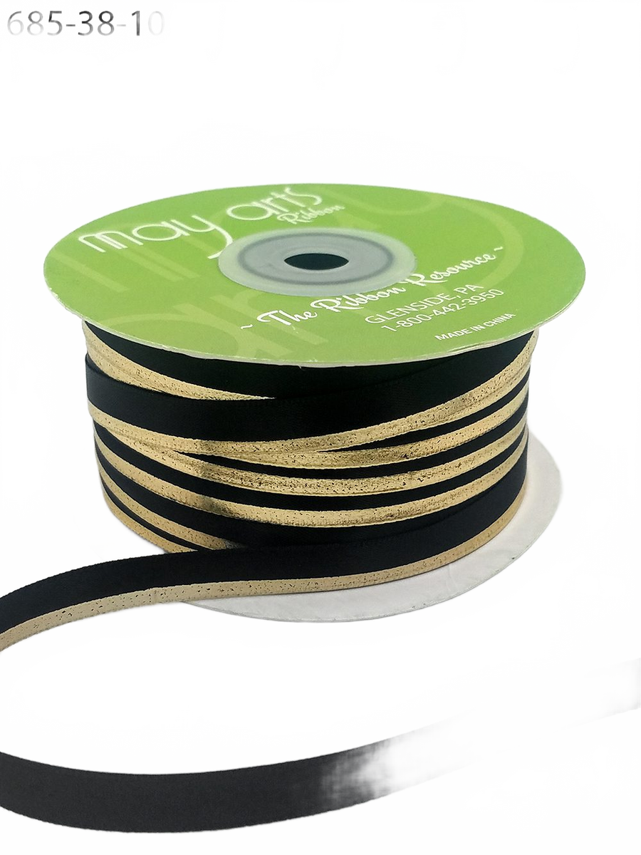~3/8″ Single Faced Satin Gold Black/Gold Foil Stripe Ribbon
