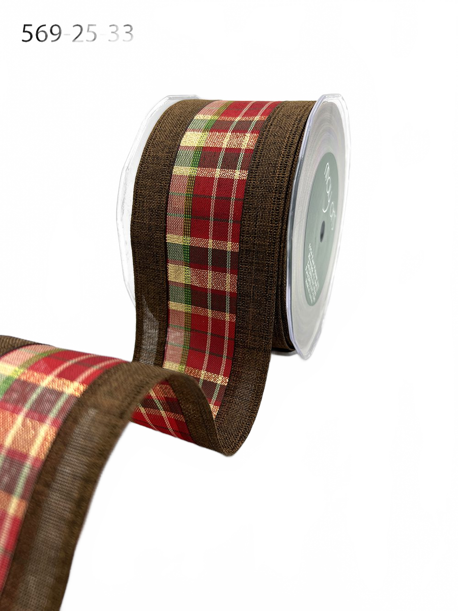 2.5 Inch Brown Metallic Tartan Plaid Center Ribbon With Wired Woven Edge