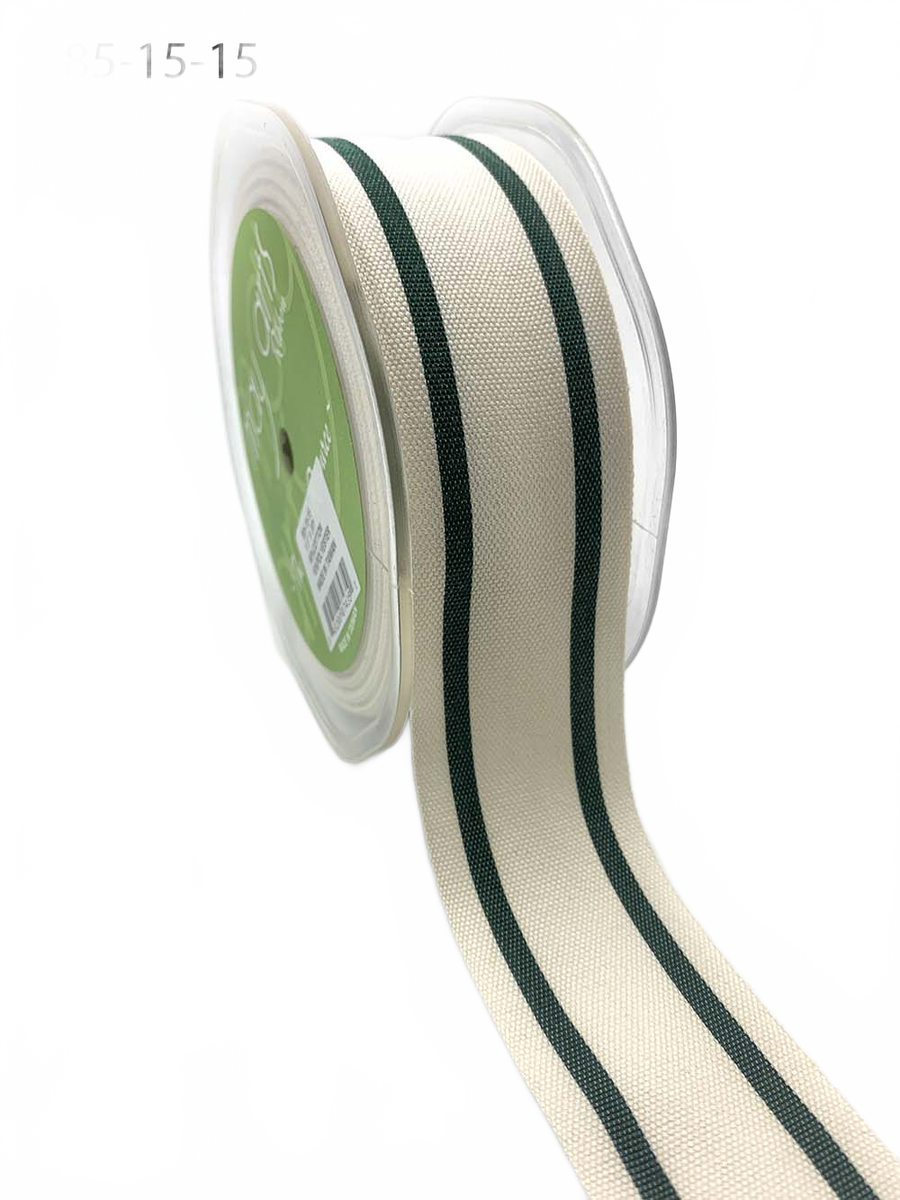1.5 Inch Green Cotton Blend Woven Double Stripe Ribbon With Woven Edge