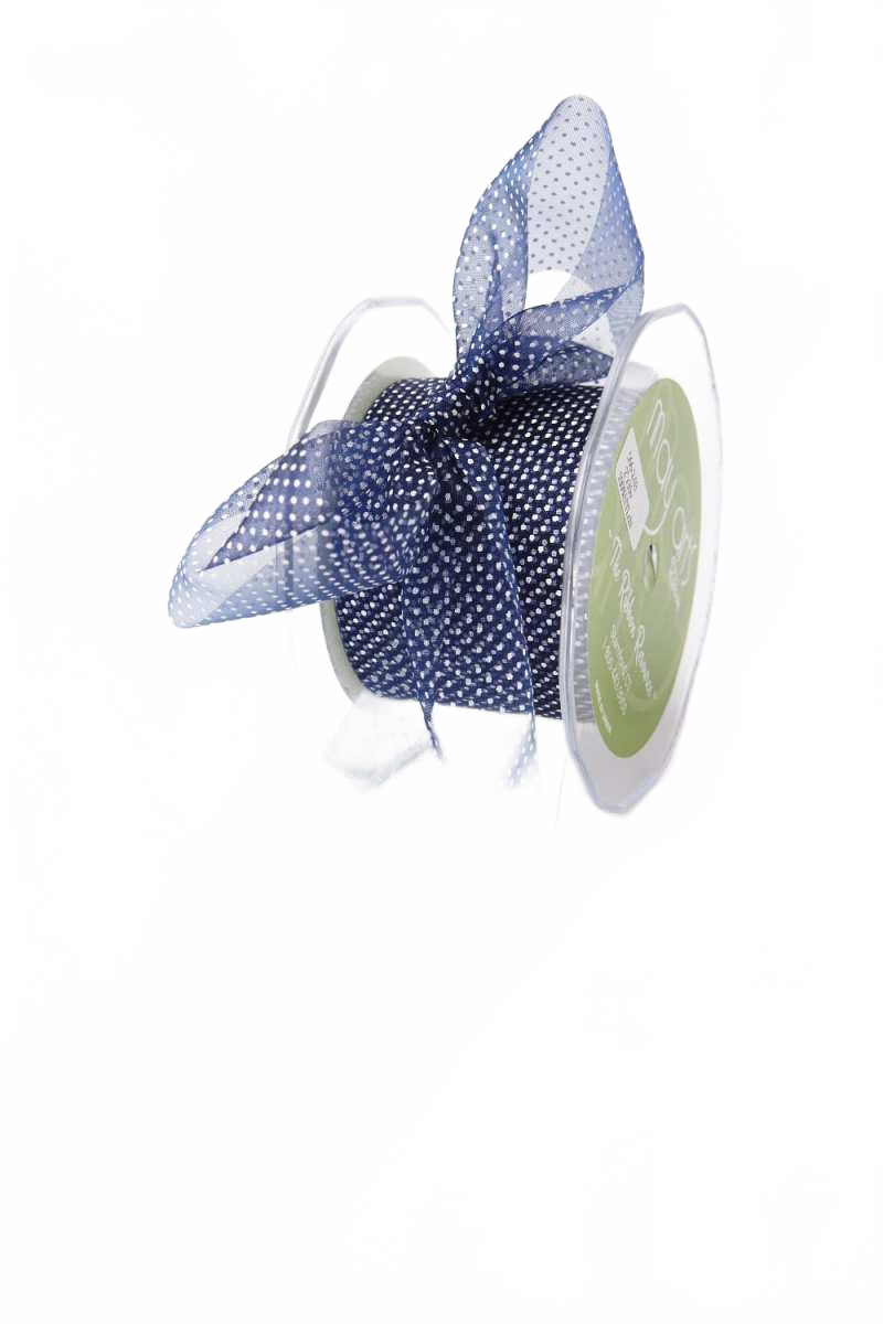 2 Inch Shimmer Navy/White Sheer Mini White Dot Ribbon With Cut Edge