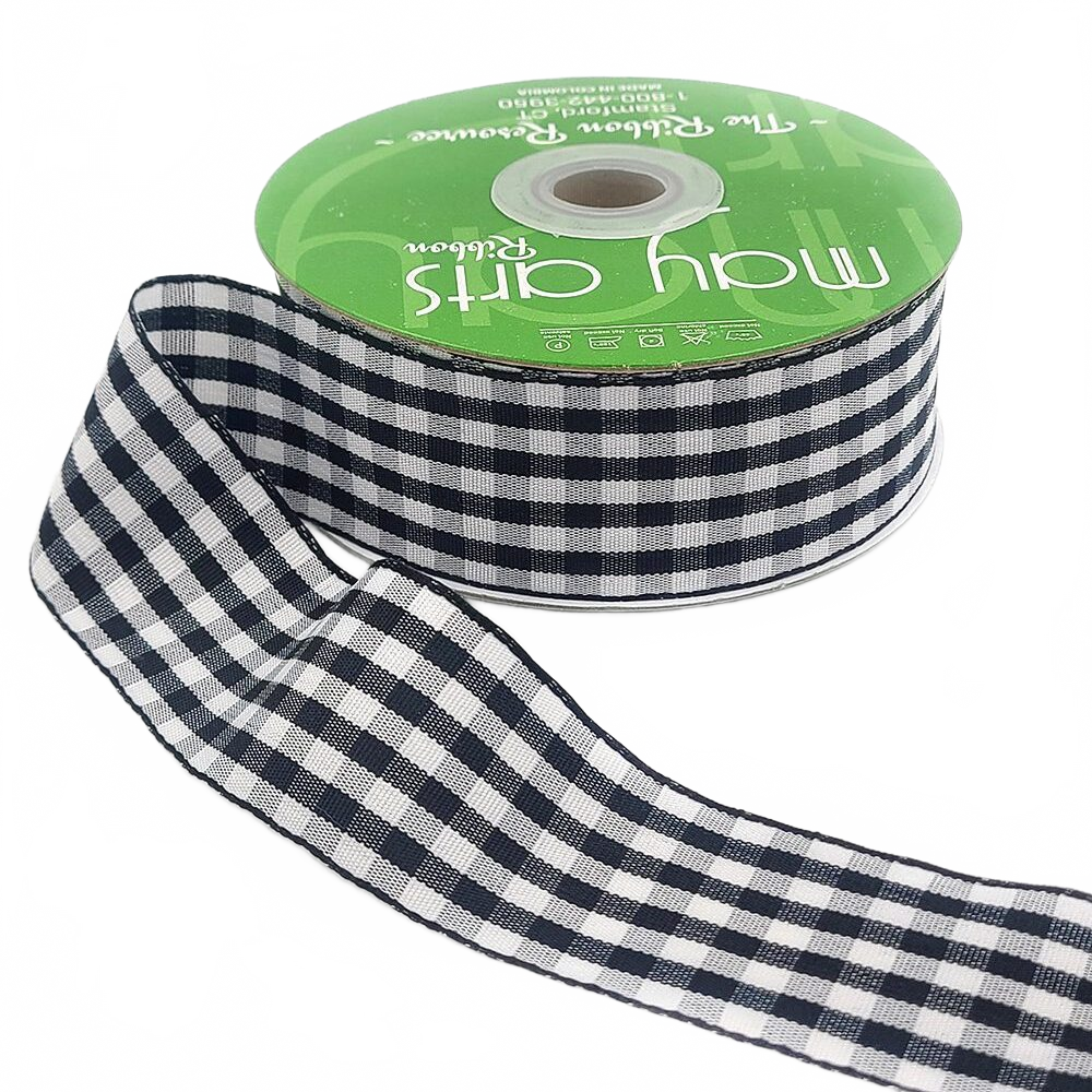 1.5 Inch Checkered Gingham Black Ribbon With Woven Edge