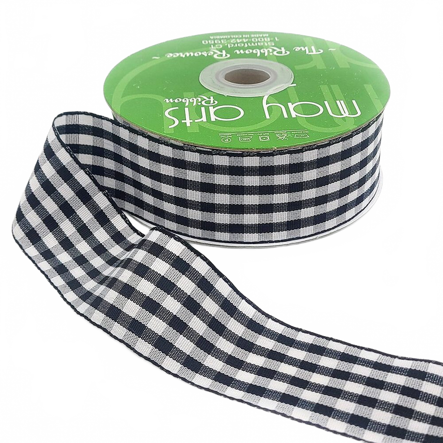 1.5 Inch Checkered Gingham Black Ribbon With Woven Edge