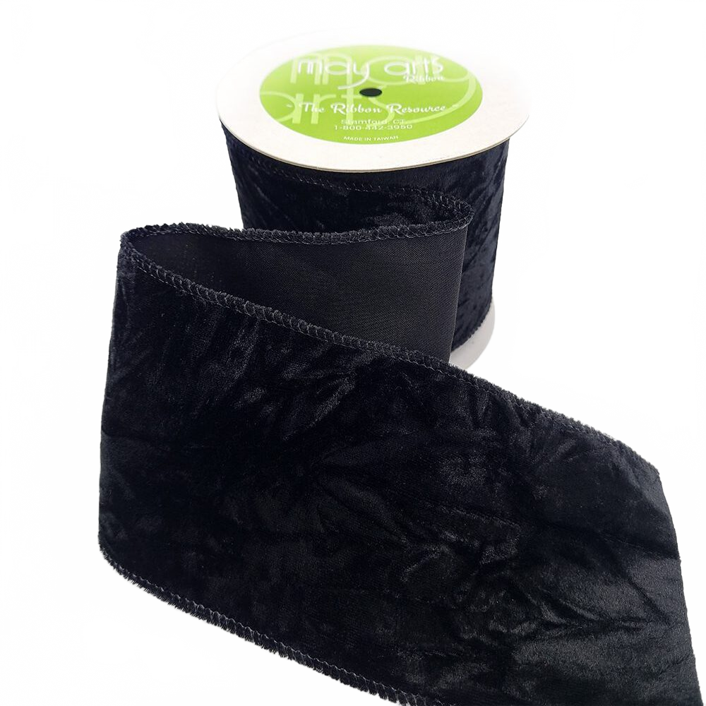 4 Inch Crushed Black Velvet Ribbon With Wired Edge