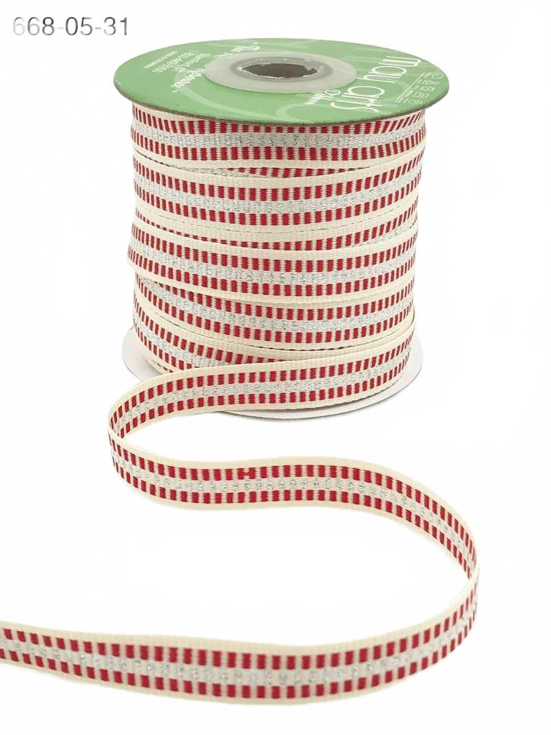 1/2 Inch Metallic Candy Cane Stripe Silver Cotton Ribbon With Woven Edge