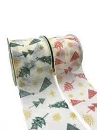 2 3/4 Inch Semi Sheer Holiday Tree Star Ribbon With Woven Edge