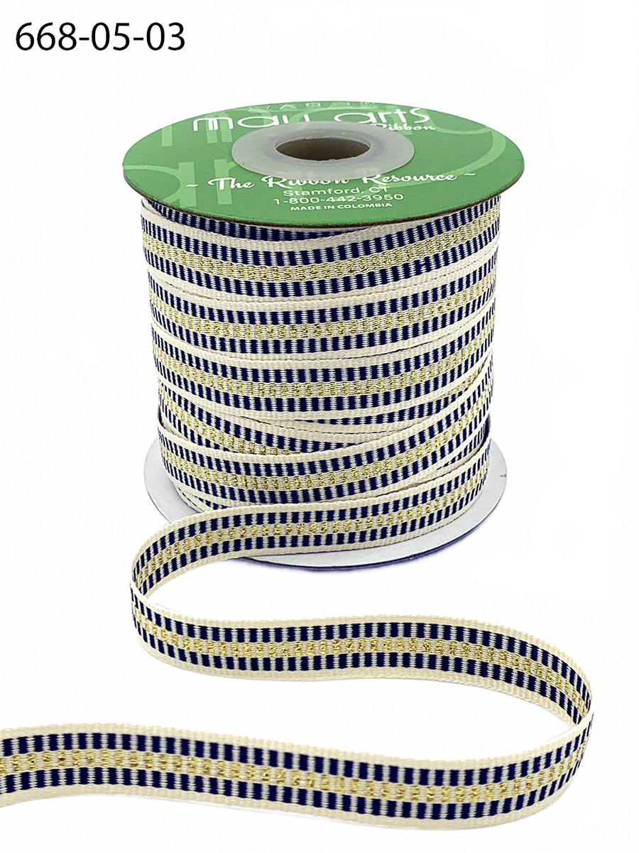 1/2 Inch Metallic Candy Cane Stripe Navy/Gold Cotton Ribbon With Woven Edge