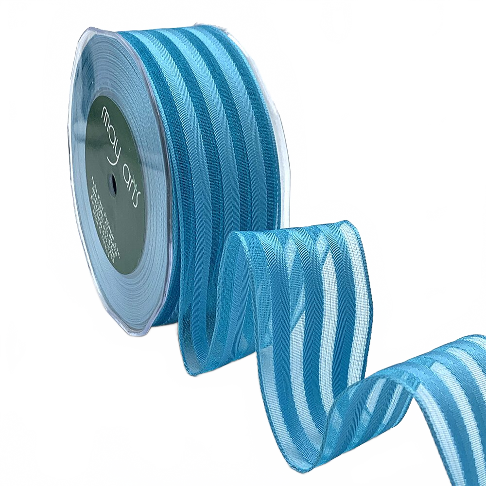 1.5 Inch Blue Sheer With Woven Stripes Ribbon With Wired Edge