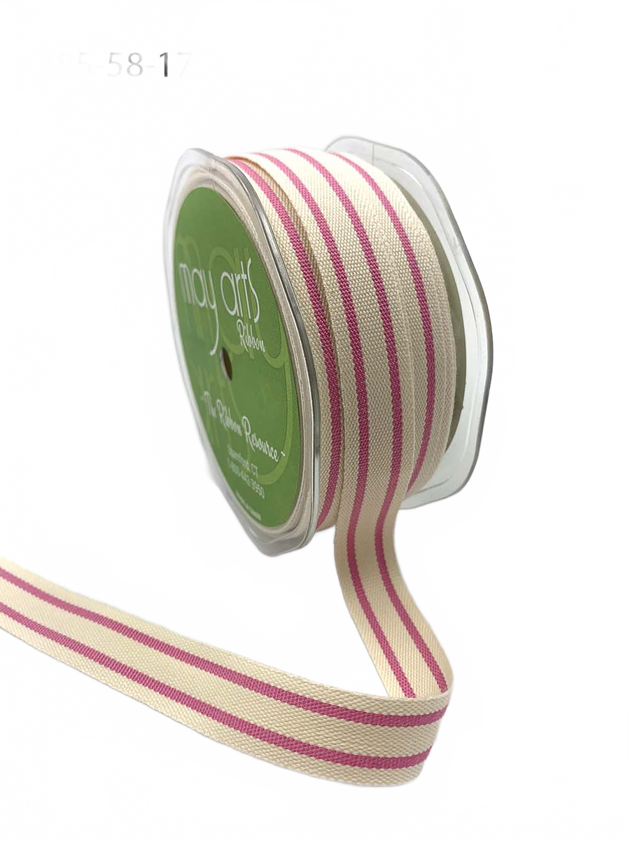 5/8 Inch Pink Cotton Blend Double Stripe Ribbon With Woven Edge