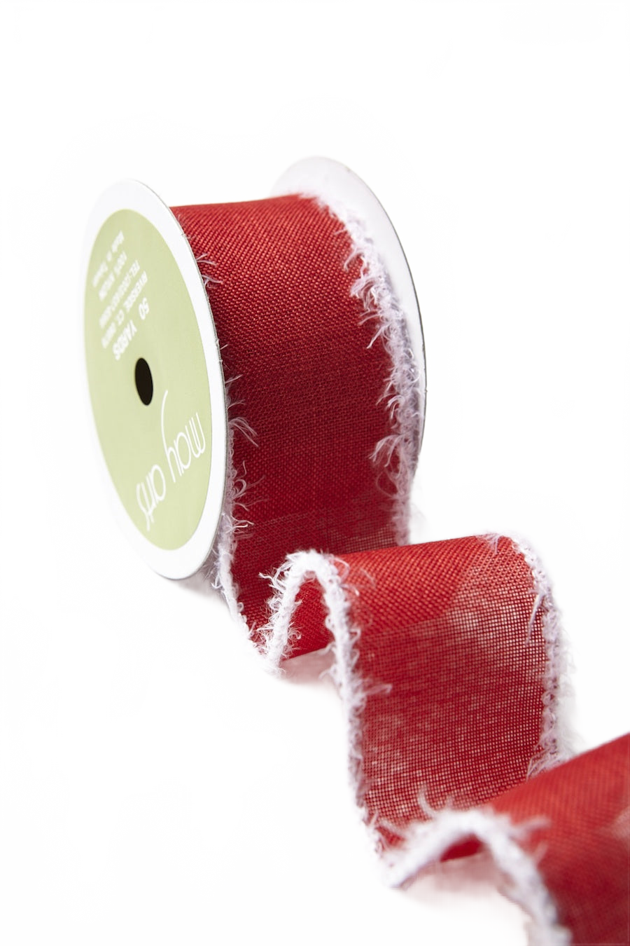 1.5 Inch Faux Red/White Linen Ribbon With Fuzzy Wired Edge