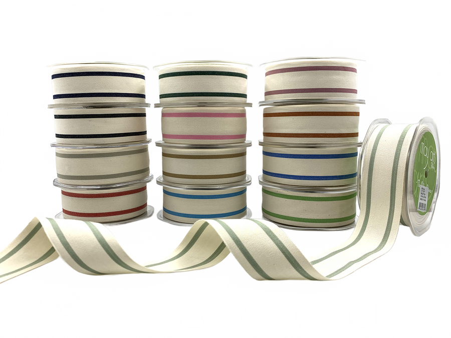 1.5 Inch Cotton Blend Woven Double Stripe Ribbon With Woven Edge