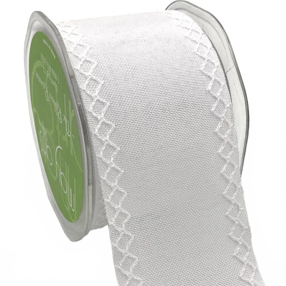2.5 Inch White Diamond Stitch White Canvas Ribbon With Cut Edge
