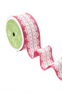 1.5 Inch White Lace Print Fuchsia/White Ribbon With Wired Edge