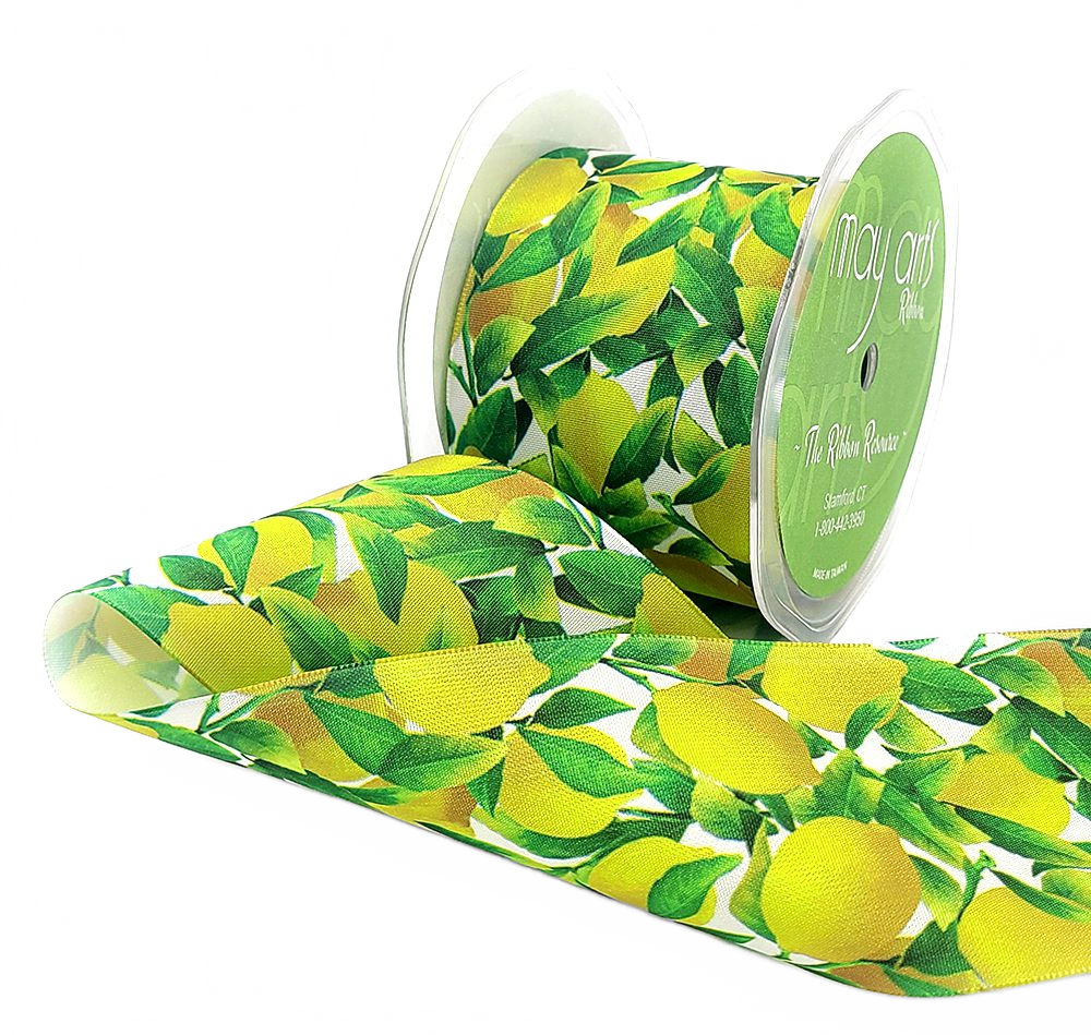2.5 Inch Lemons Leaves Print Ribbon With Wired Edge