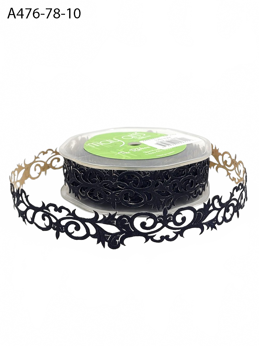 7/8 Inch Adhesive Black Satin Fleur-De-Lis Scroll Ribbon With Cut Sealed Edge