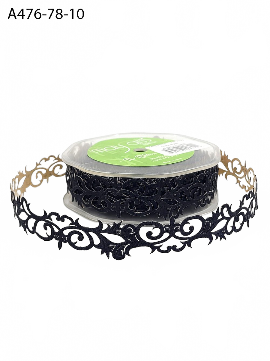 7/8 Inch Adhesive Black Satin Fleur-De-Lis Scroll Ribbon With Cut Sealed Edge