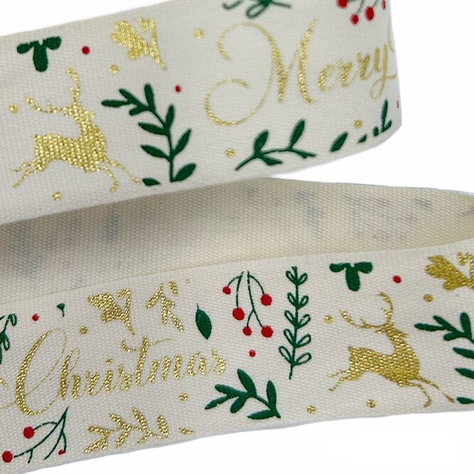 1 Inch Merry Christmas Print Ribbon With Cut Edge