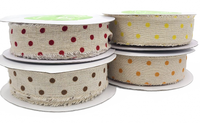 1.5 Inch Velvet Polka Dots On Natural Ribbon With Frayed Edge