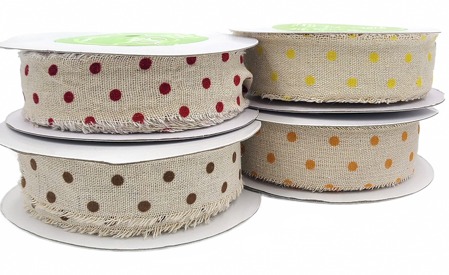 1.5 Inch Velvet Polka Dots On Natural Ribbon With Frayed Edge