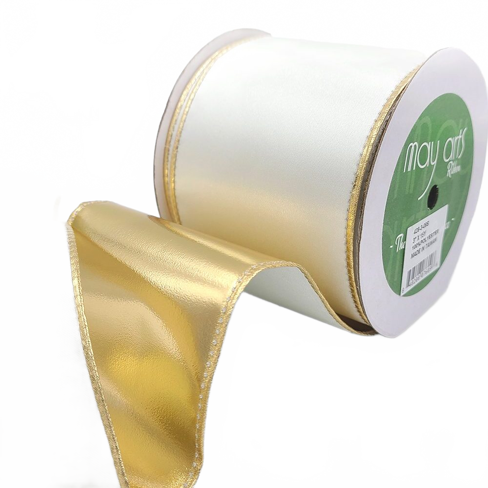 3 Inch Satin Ivory/Gold Metallic Reversible Ribbon With Wired Woven Edge
