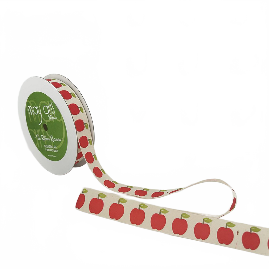 3/4 Inch Ivory Apple Canvas Printed Ribbon With Woven Edge