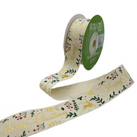 1 Inch Merry Christmas Print White/Gold Ribbon With Cut Edge