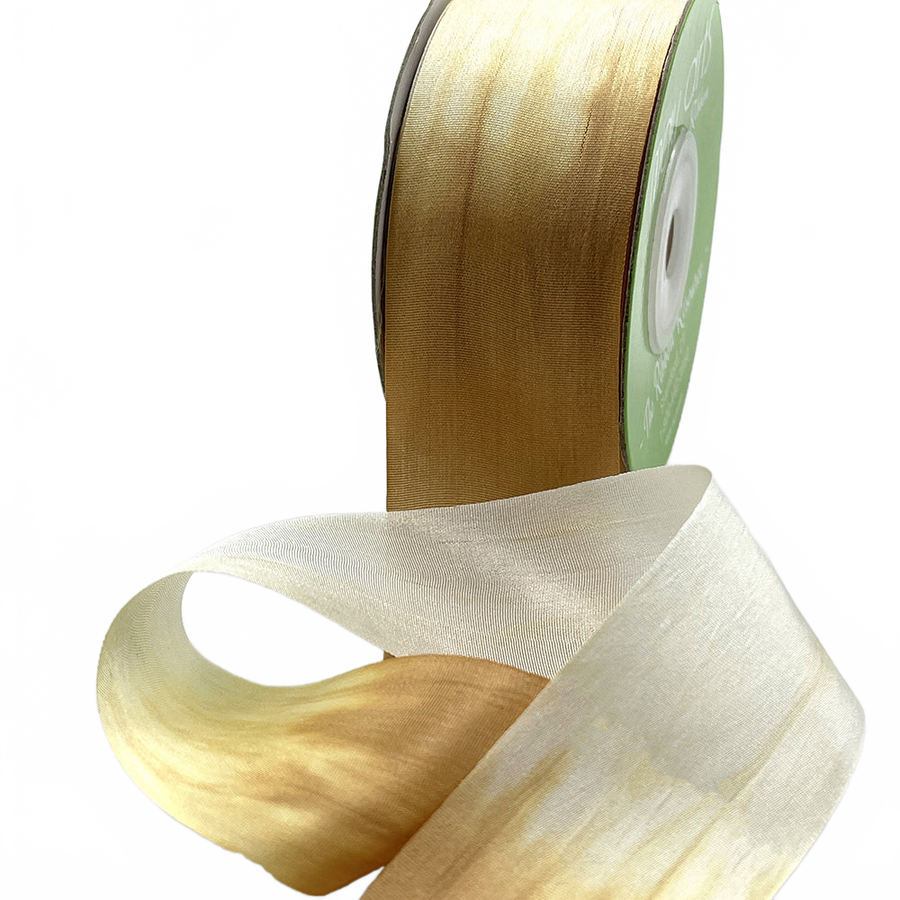 1.25 Inch 100% Hand-Dyed Variegated (Multi-Color) Pale Gold/White Silk Ribbon With Woven Edge