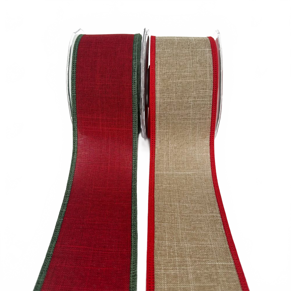 2.5 Inch Christmas Loose Weave Faux Linen Thick Border Ribbon