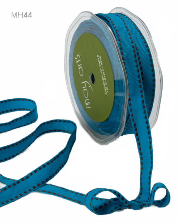 1/2 Inch Grosgrain/Stitched Edge Blue/Brown Stitch Ribbon
