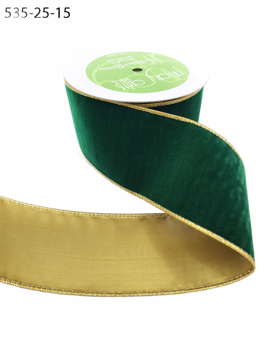 2.5 Inch Forest Green Velvet Gold Back Ribbon With Wired Edge