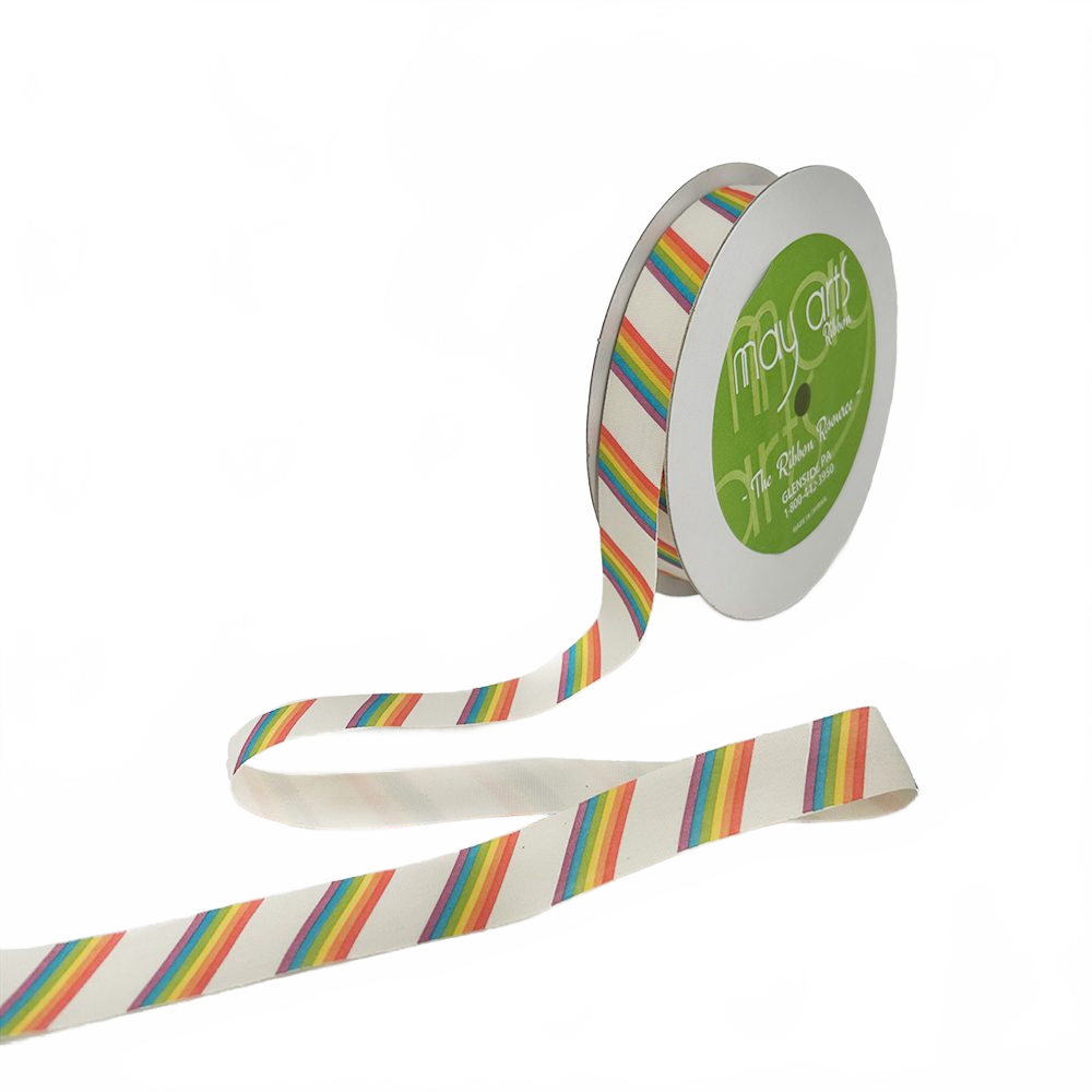 3/4 Inch Ivory Rainbow Canvas Printed Ribbon With Woven Edge