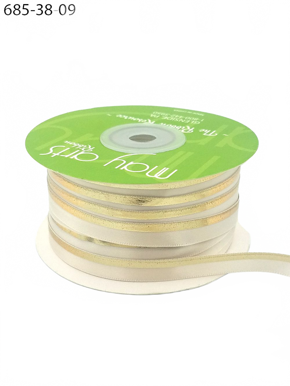 ~3/8″ Single Faced Satin Gold Ivory/Gold Foil Stripe Ribbon