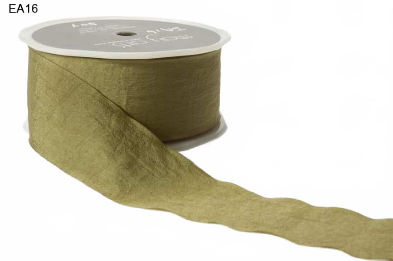 1.5 Inch Wrinkled Faux Olive Silk Ribbon With Cut Edge
