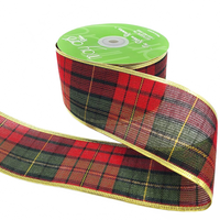 2.5 Inch Christmas Tartan Plaid Ribbon With Red/Green/Black/Gold Metallic Wired Edge