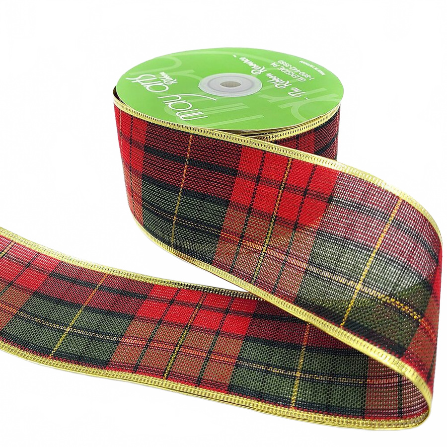 2.5 Inch Christmas Tartan Plaid Ribbon With Red/Green/Black/Gold Metallic Wired Edge